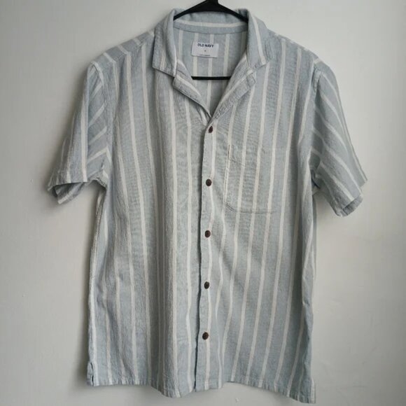 Old Navy Button Front Camp Shirt Short Sleeve Stripped Blue Mens Size Medium - Picture 1 of 5